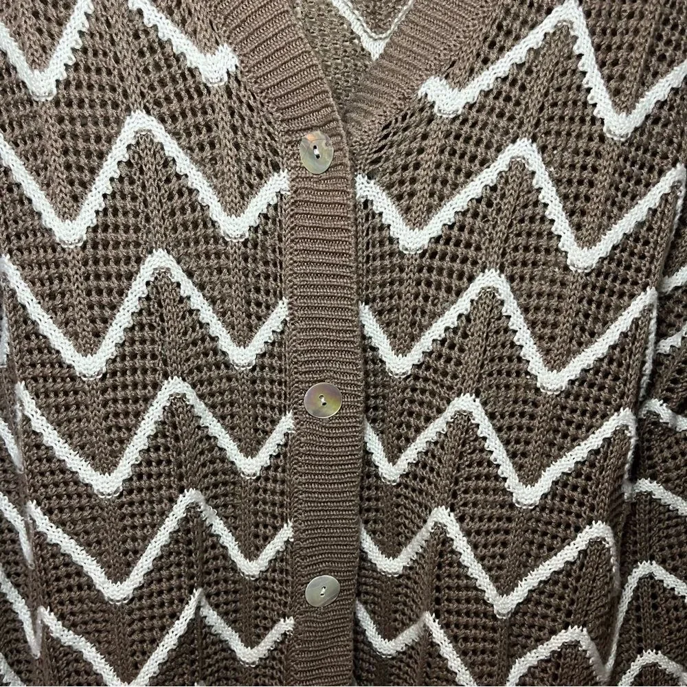 Andree by Unit Women’s Plus V-Neck Cardigan Loose Weave Chevron Stripe Brown 1X
